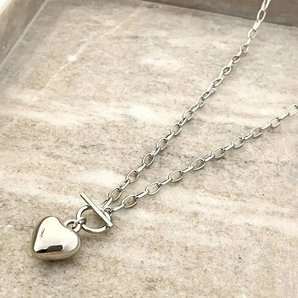 925 Sterling Silver Chunky Toggle Heart Necklace Minimalist Heart Pendant Chain - Picture 1 of 5